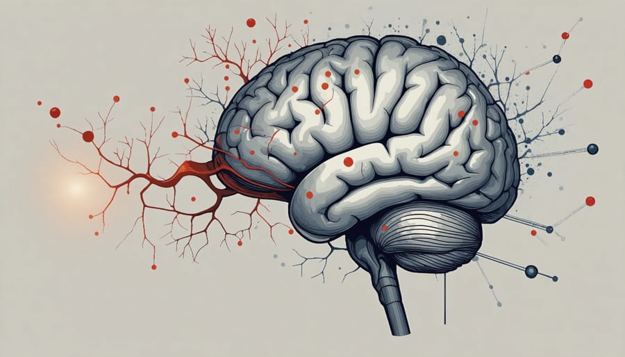 Medical illustration depicting how vaping affects blood vessels and neural pathways in the brain