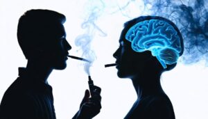 An abstract illustration depicting the connection between vaping, neural pathways, and migraines, with vapor forming brain and blood vessel patterns.