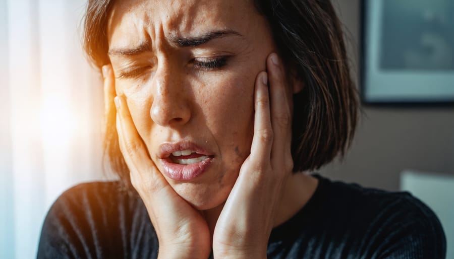 Woman experiencing migraine symptoms in quiet bedroom setting
