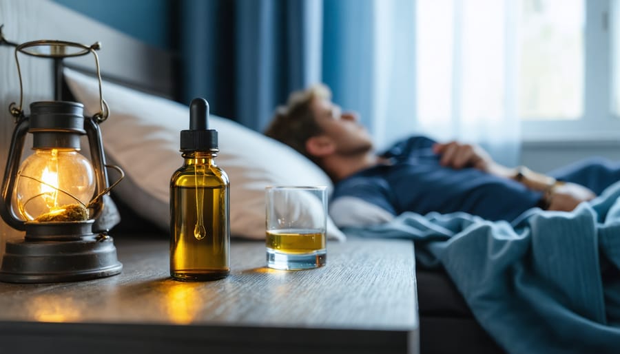 Close-up eye-level photo of an amber cannabis oil dropper with a golden droplet on a bedside table, with a blurred person resting a hand on their temple and a water glass in the background under soft natural light.