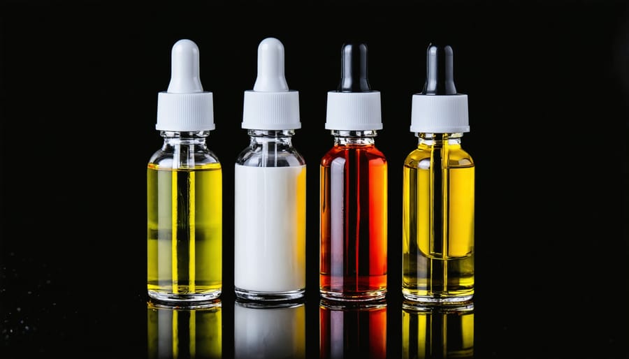 THCP oil tincture bottles with hemp leaves on marble surface
