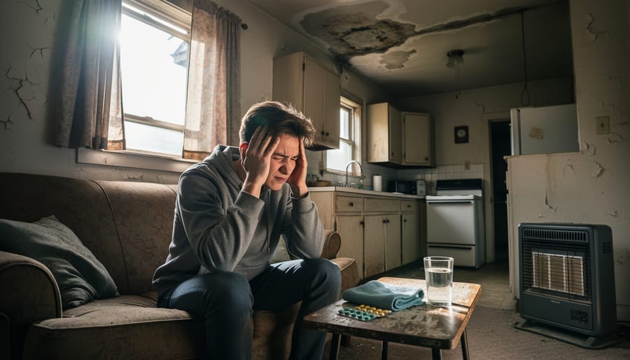 Woman experiencing migraine headache sitting at home holding her temples