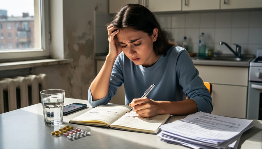Person documenting migraine symptoms and triggers in health journal at home