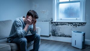 Young adult pressing their temples on a sofa in a damp UK living room, with black mould along the skirting board and condensation on a sash window; cool LED glare overhead, radiator and small dehumidifier in the softly blurred background.