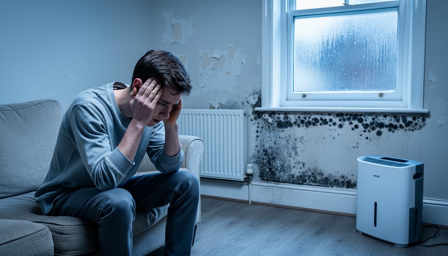 Young adult pressing their temples on a sofa in a damp UK living room, with black mould along the skirting board and condensation on a sash window; cool LED glare overhead, radiator and small dehumidifier in the softly blurred background.