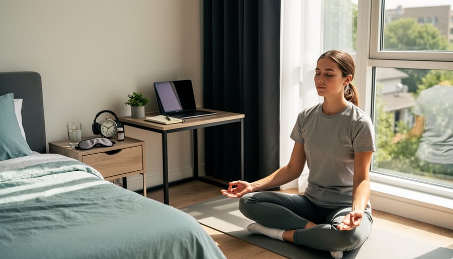 Person practicing self-care with morning tea and mindful routine near plants and natural light