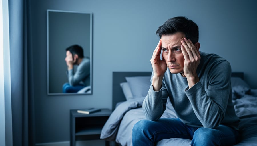 Adult person on the edge of a bed pressing their temples, with a mirror reflecting their slumped posture, in cool blue-gray lighting and a softly blurred bedroom background.