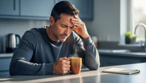 Person with one hand on their temple holding a coffee mug at a kitchen counter, suggesting caffeine-related migraine discomfort and relief.