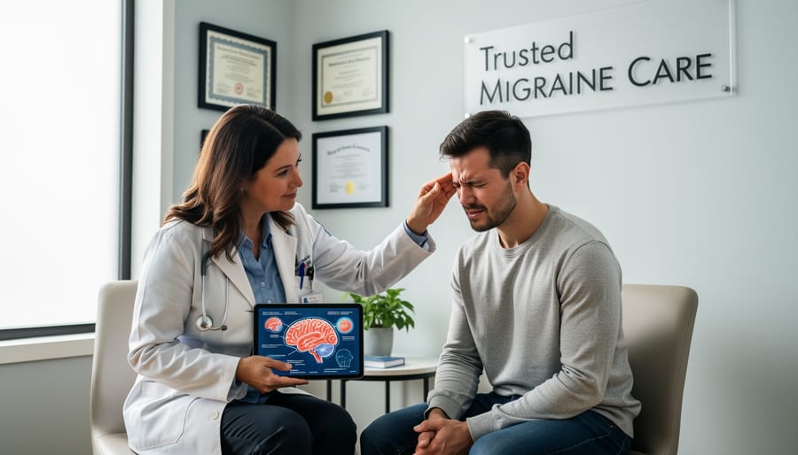 Healthcare professional speaking with a patient in a clinic hallway