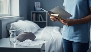 “Person organizing a migraine care toolkit with a folder, journal, and relief items on a bedside table in soft natural light.”