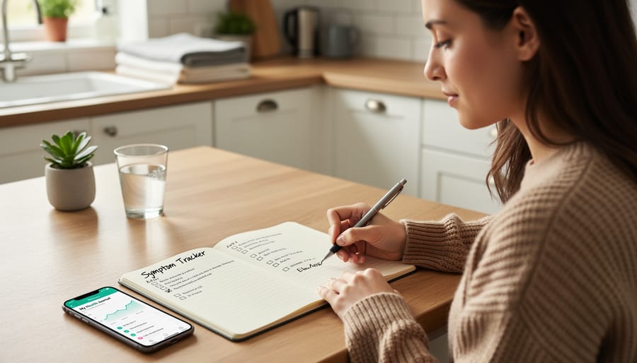 Person resting in a dim room while holding a migraine diary notebook and pen