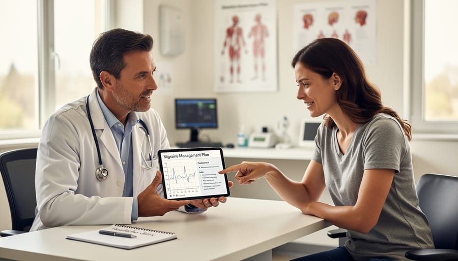Clinician and patient reviewing a blank sheet of paper during a consultation in a medical office.