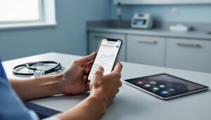 “Hands holding a smartphone next to a clinician’s stethoscope on a clinic desk, suggesting migraine education and symptom tracking with healthcare support.”