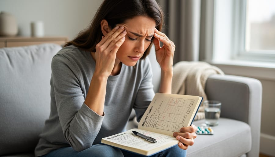 Person sitting at a kitchen table with a notebook and pen while holding their forehead, suggesting migraine tracking.