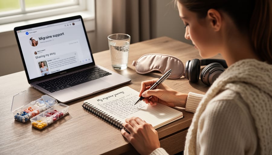 Close-up of hands writing in a notebook while using a smartphone, representing personal advocacy and documentation for migraine awareness