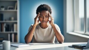 A person seated at home holding their temple in a calm, determined pose, suggesting migraine awareness and support year-round.