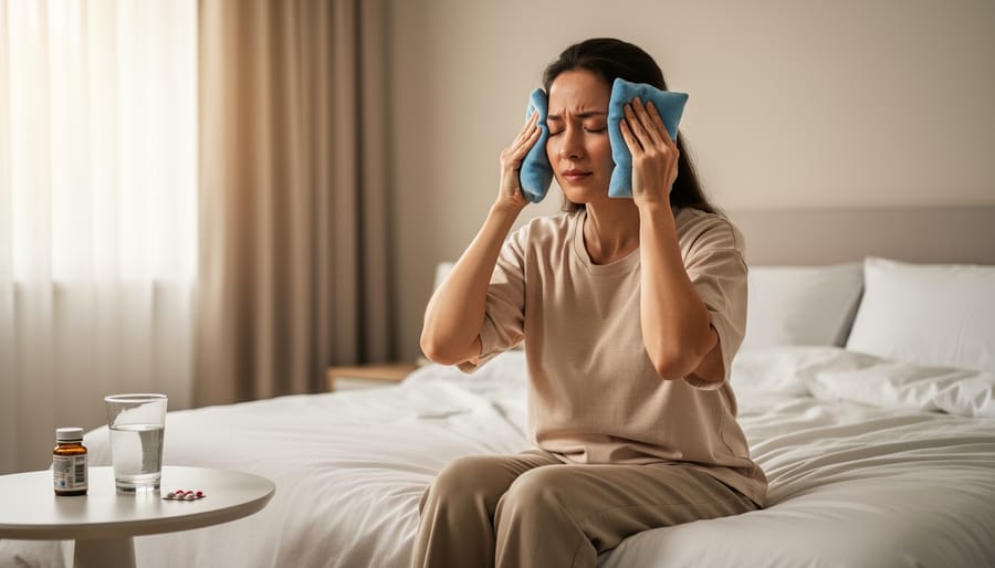 Person sitting in a dim room holding their head, suggesting the experience of migraine or headache discomfort