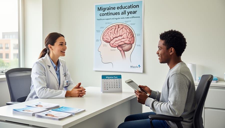 Stethoscope and open medical binder on a desk with educational materials, symbolizing ongoing healthcare support for migraine awareness