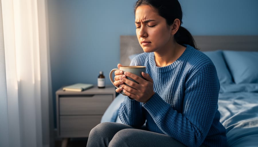Person relaxing at home by a softly lit window with a warm mug, suggesting alternative migraine treatments and holistic support.