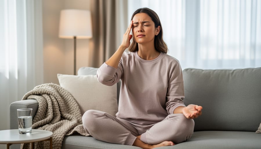 Person sitting calmly with eyes closed during a breathing exercise in a softly lit room.