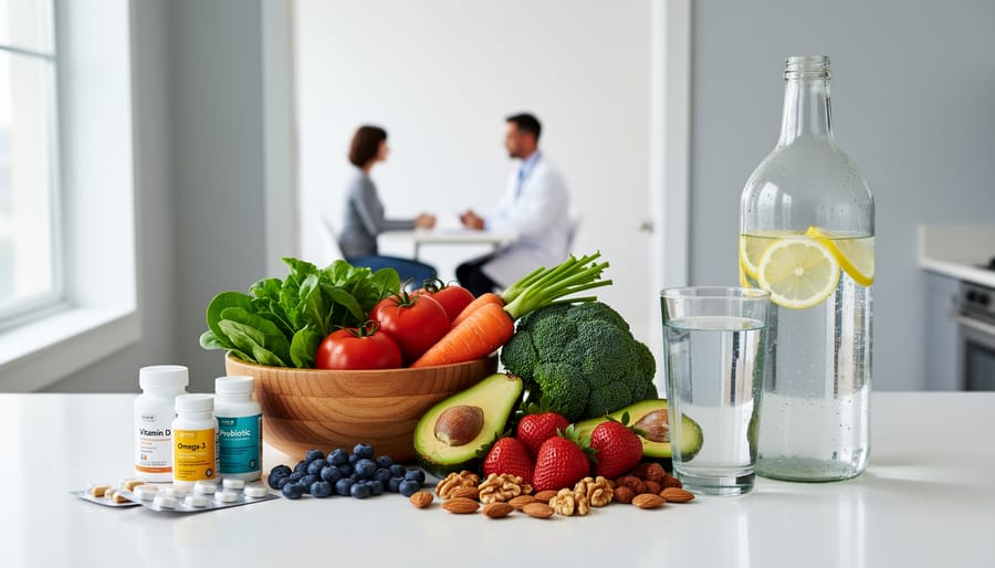Countertop arrangement of leafy greens, avocado, nuts, and water representing nutrition support for migraine care.