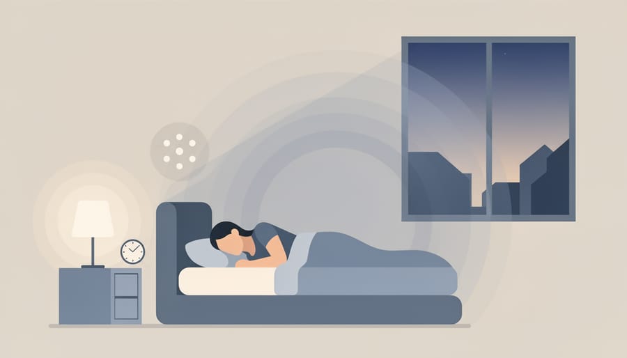 Person resting in a softly lit bedroom with curtains closed and a smartphone face-down on a bedside table.